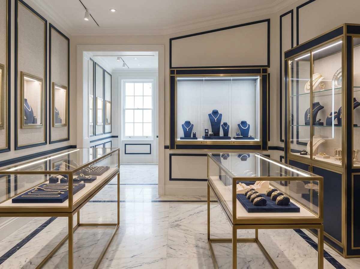 Tienda elegante de estilo inglés con antigüedades y vitrinas de joyas