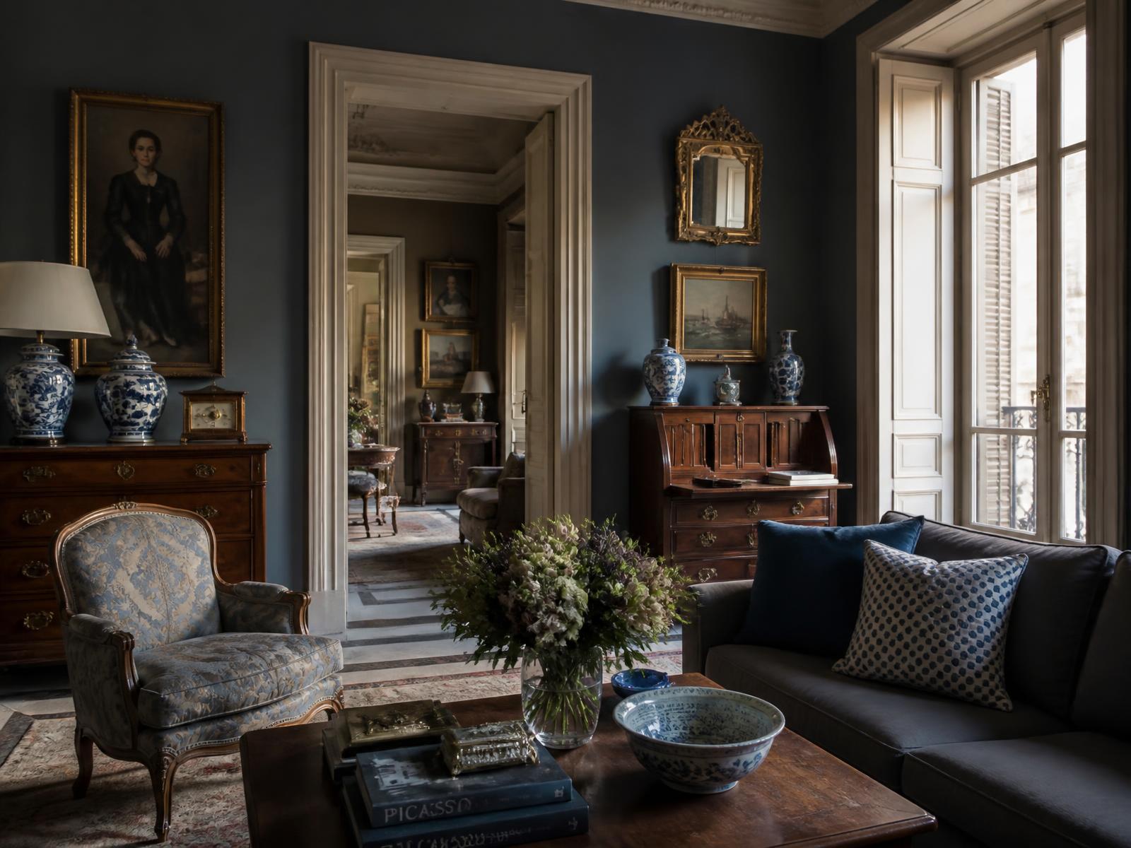 Salón de vivienda clásica con mobiliario antiguo, cuadros y porcelanas listos para tasación